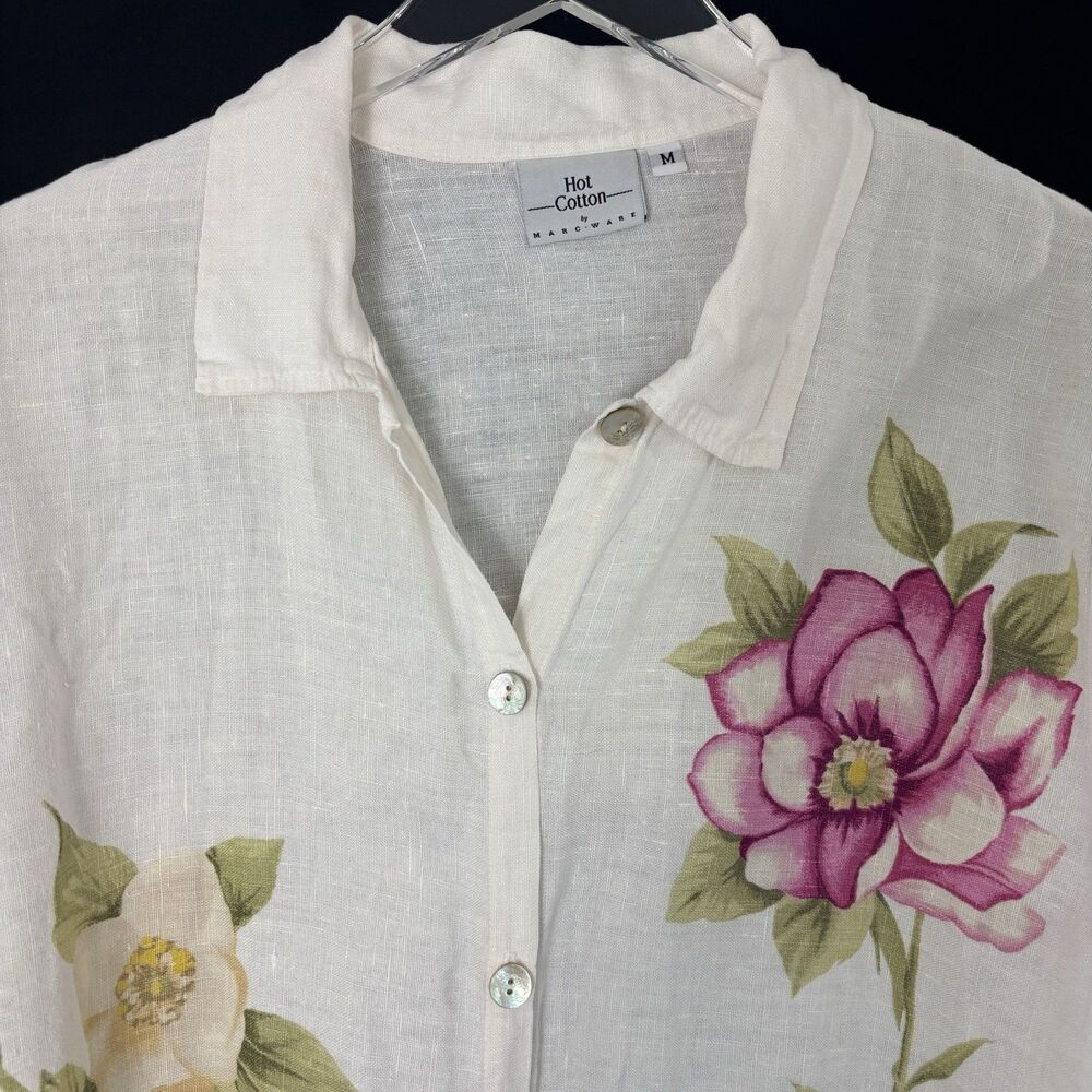 Hot Cotton Womens Tunic Shirt M 100% Linen Ivory Floral Roses Garden Cottage USA - Picture 8 of 16